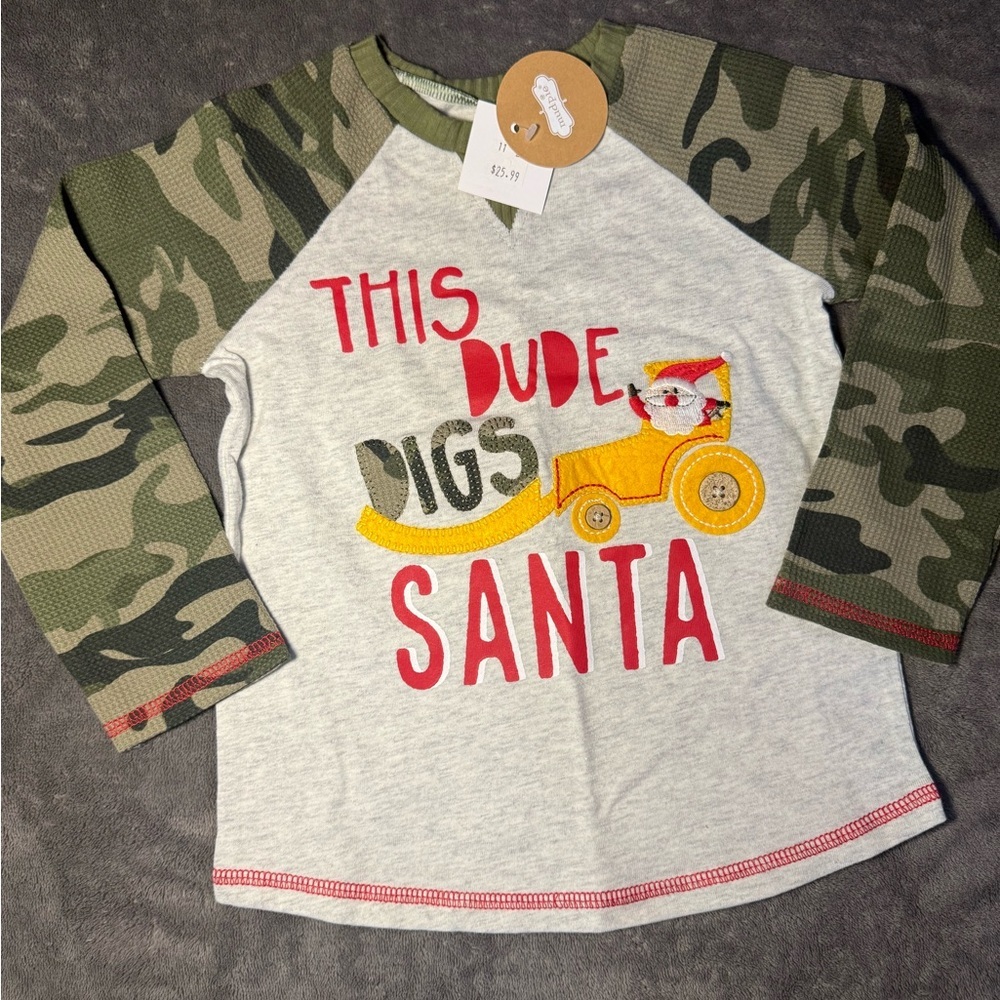 Mud Pie Camouflage Sleeve Santa Kids  2T-3T Shirt